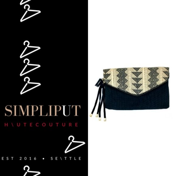 Express Clutch Envelope Tribal Aztec Woven Raffia Gold Tone Tassel Detail 13"x8" - Picture 1 of 7